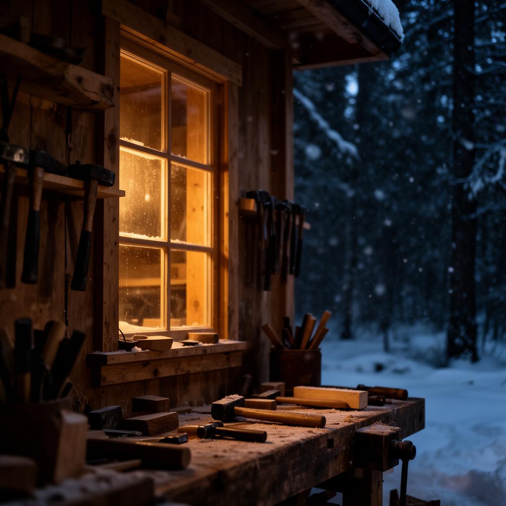 Janela quente da oficina a brilhar numa floresta nevada à noite